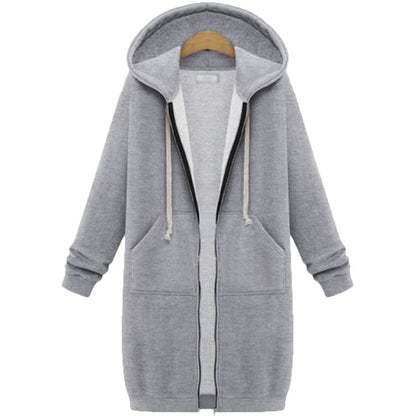 Women Casual Zip Up Long Hooded Tunic Jacket with Pockets