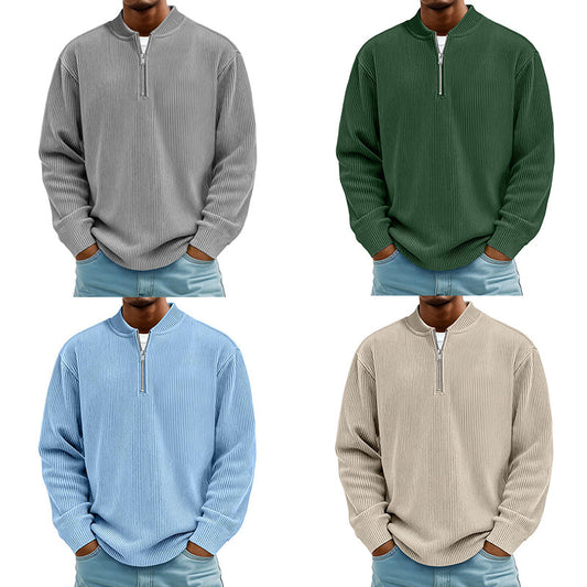 Men's Corduroy Quarter-Zip Pullover Sweatshirt Casual Stand Collar Long Sleeve Top