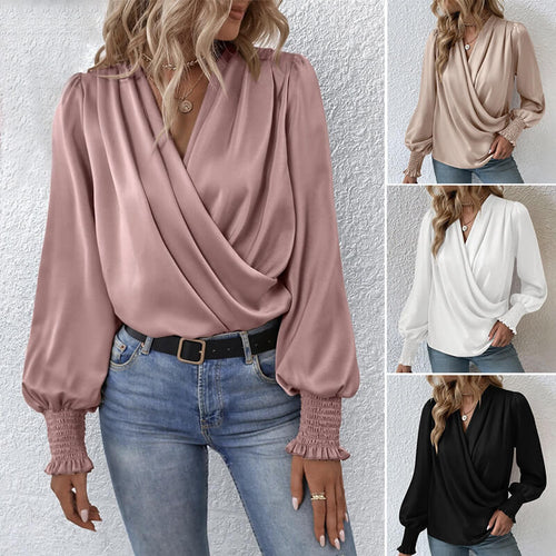 2023 Women's v-neck lantern sleeve solid color shirt