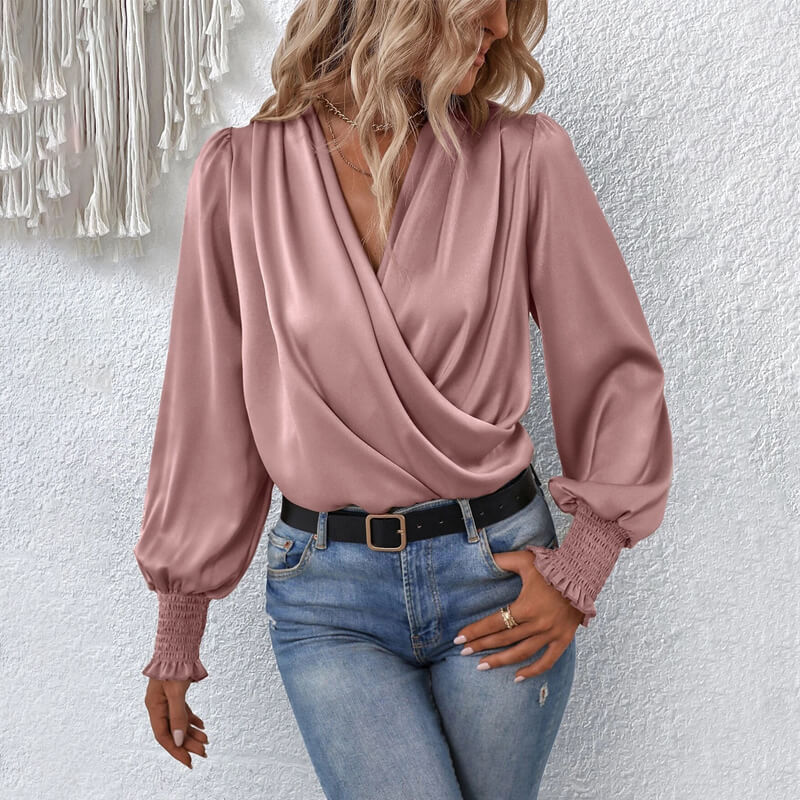 2023 Women's v-neck lantern sleeve solid color shirt