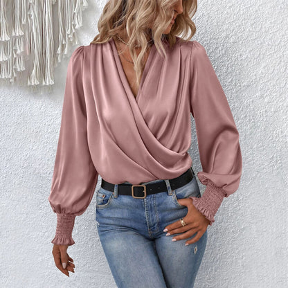 2023 Women's v-neck lantern sleeve solid color shirt