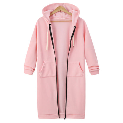 Women Casual Zip Up Long Hooded Tunic Jacket with Pockets