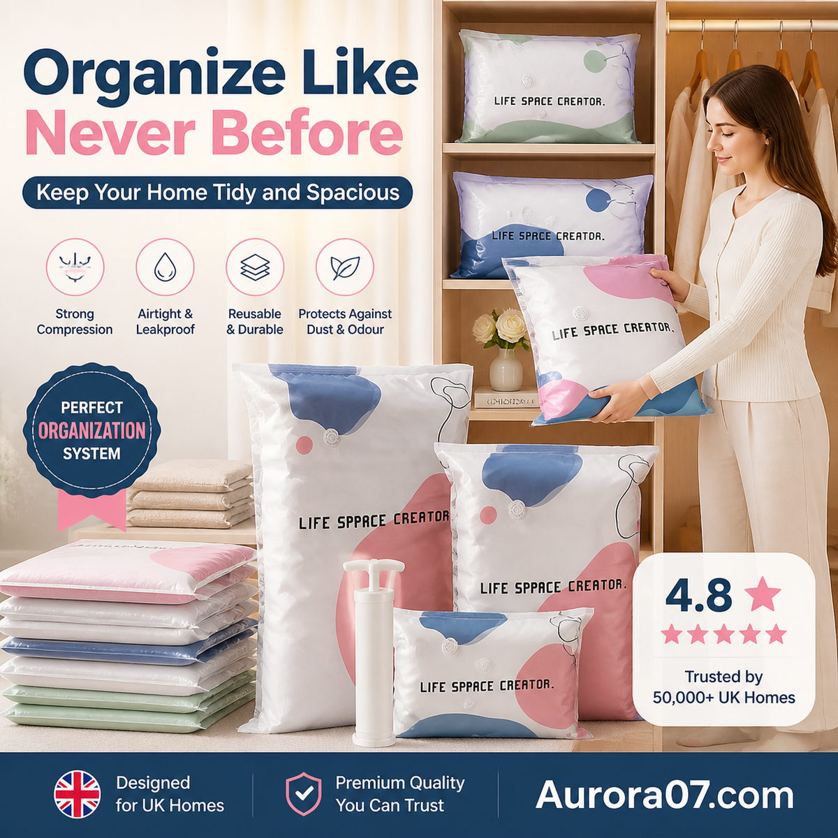 No Pump Vacuum Storage Bags Press & seal, no pump needed. Saves 80% space, keeps clothes dry & dust free. Perfect for bulky bedding & off season gear