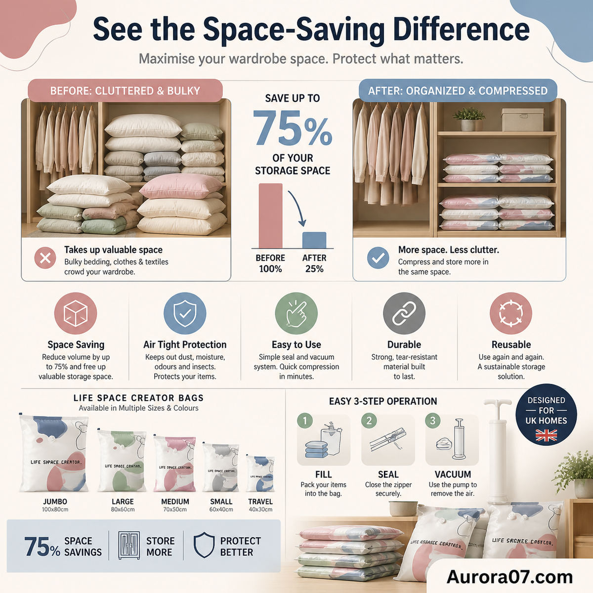 No Pump Vacuum Storage Bags Press & seal, no pump needed. Saves 80% space, keeps clothes dry & dust free. Perfect for bulky bedding & off season gear