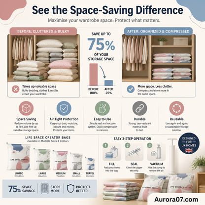 No Pump Vacuum Storage Bags Press & seal, no pump needed. Saves 80% space, keeps clothes dry & dust free. Perfect for bulky bedding & off season gear