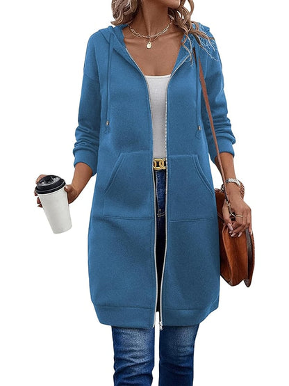 Women Casual Zip Up Long Hooded Tunic Jacket with Pockets