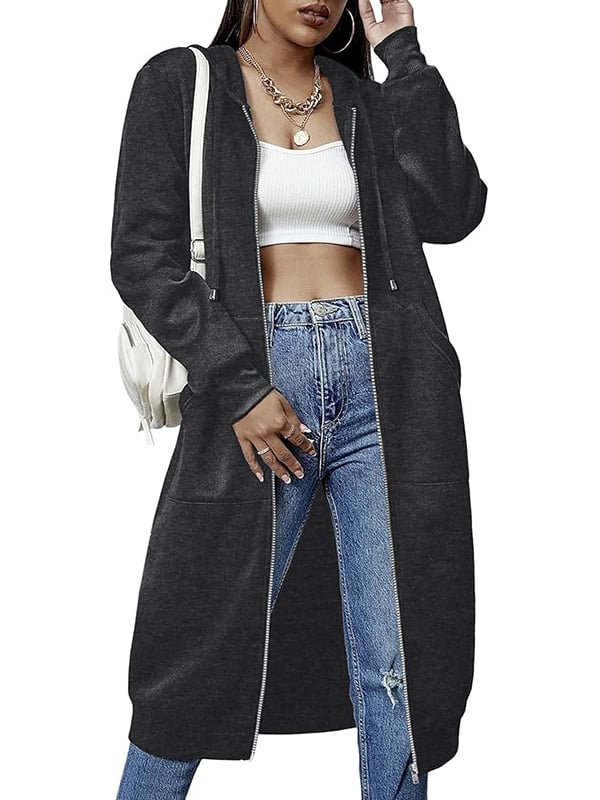 Women Casual Zip Up Long Hooded Tunic Jacket with Pockets