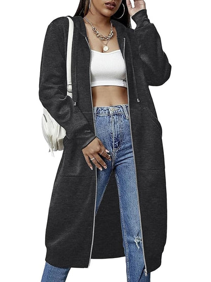 Women Casual Zip Up Long Hooded Tunic Jacket with Pockets