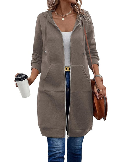 Women Casual Zip Up Long Hooded Tunic Jacket with Pockets