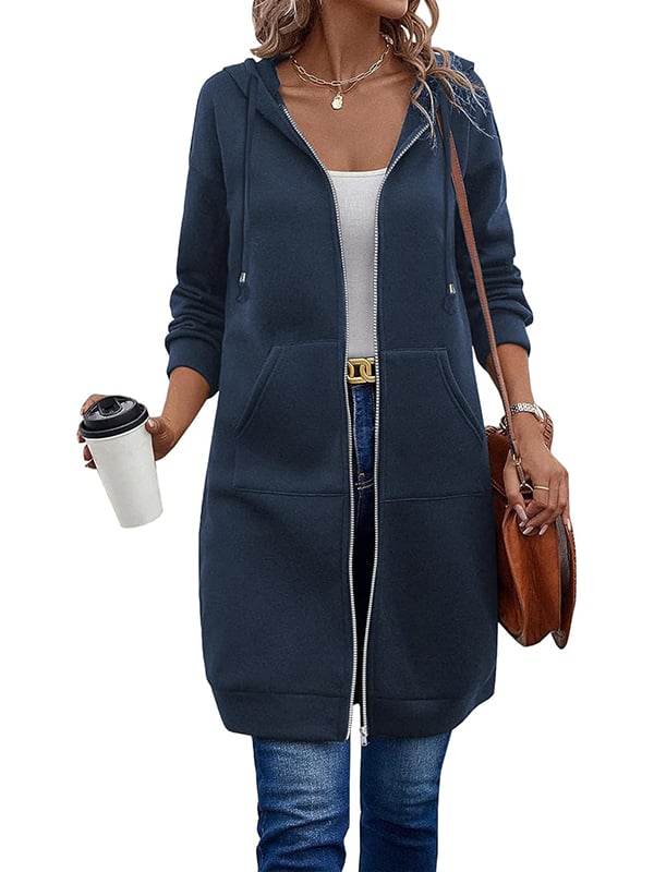 Women Casual Zip Up Long Hooded Tunic Jacket with Pockets