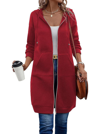 Women Casual Zip Up Long Hooded Tunic Jacket with Pockets