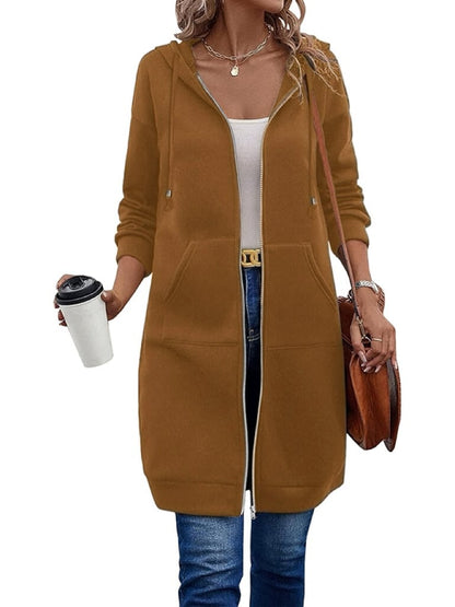 Women Casual Zip Up Long Hooded Tunic Jacket with Pockets