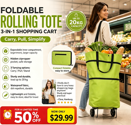 Convertible shopping tote hides wheels, holds 20kg, expands with zipper! Factory direct sales