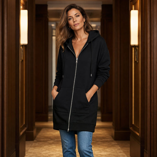 Women Casual Zip Up Long Hooded Tunic Jacket with Pockets