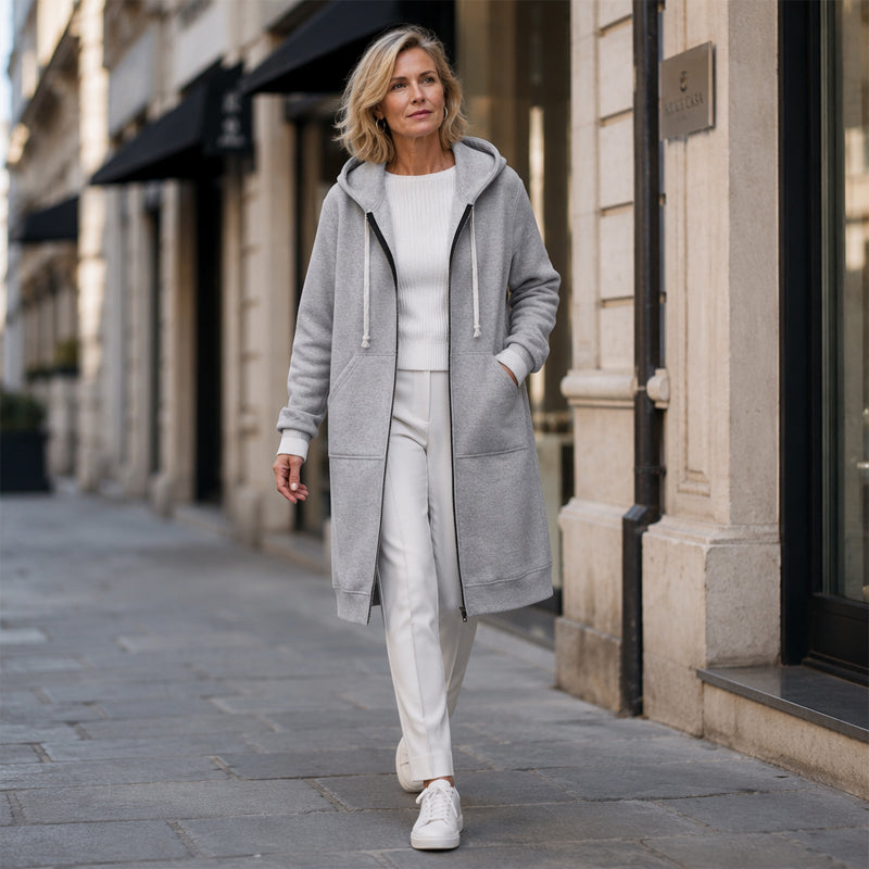 Women Casual Zip Up Long Hooded Tunic Jacket with Pockets