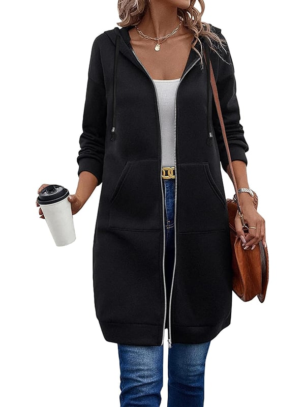 Women Casual Zip Up Long Hooded Tunic Jacket with Pockets
