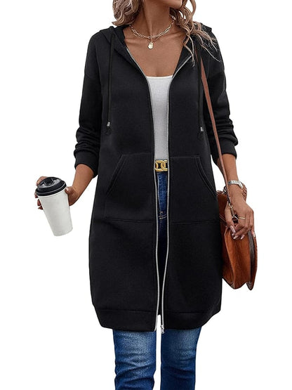 Women Casual Zip Up Long Hooded Tunic Jacket with Pockets