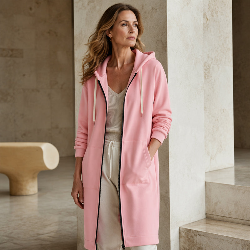 Women Casual Zip Up Long Hooded Tunic Jacket with Pockets