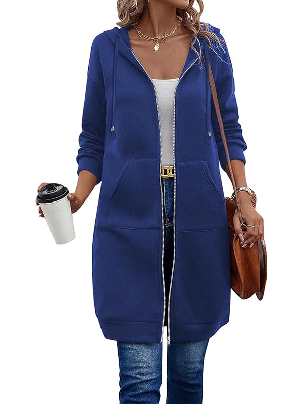 Women Casual Zip Up Long Hooded Tunic Jacket with Pockets