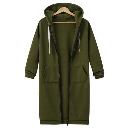 Women Casual Zip Up Long Hooded Tunic Jacket with Pockets