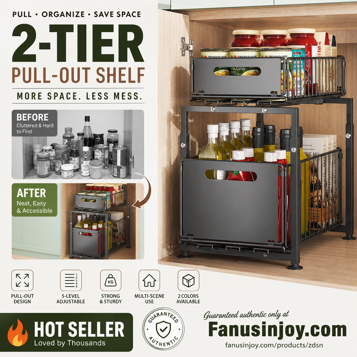 Double-Tier Pull-Out Shelf Cabinet Organiser 5 Height Adjustments, 2 Pull-Out Tiers, Carbon Steel & Large Capacity No Assembly Required