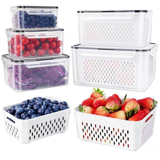 3-PC Fruit Container Set Removable Colander, Leak-Proof & Stackable