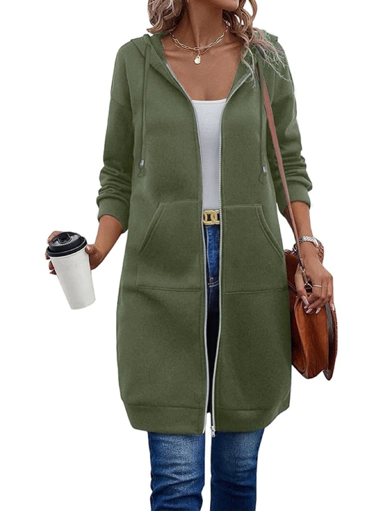 Women Casual Zip Up Long Hooded Tunic Jacket with Pockets