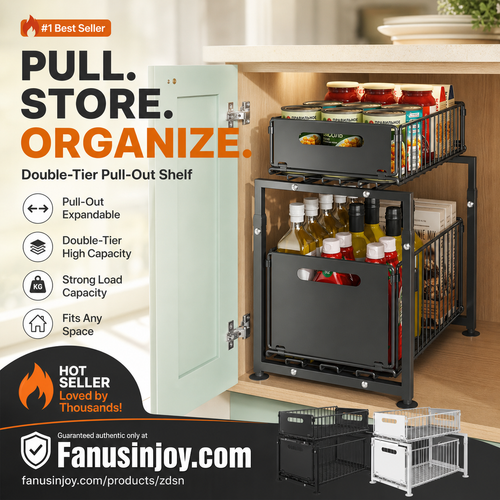 Double-Tier Pull-Out Shelf Cabinet Organiser 5 Height Adjustments, 2 Pull-Out Tiers, Carbon Steel & Large Capacity No Assembly Required