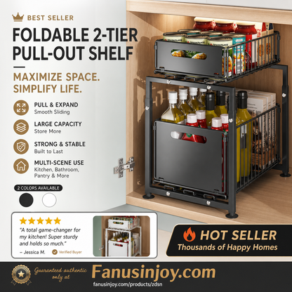 Double-Tier Pull-Out Shelf Cabinet Organiser 5 Height Adjustments, 2 Pull-Out Tiers, Carbon Steel & Large Capacity No Assembly Required