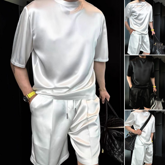 High Quality Men's Mercerized Cotton Casual Solid Color Top and Shorts Two-Piece Set