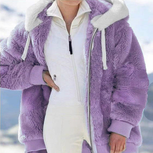 Women's Fleece Jacket with Sherpa Lining - Adjustable Hood, Hidden Pocket, Ideal for Elegant Winter