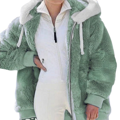 Women's Fleece Jacket with Sherpa Lining - Adjustable Hood, Hidden Pocket, Ideal for Elegant Winter