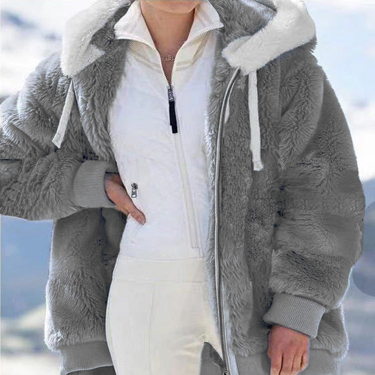 Women's Fleece Jacket with Sherpa Lining - Adjustable Hood, Hidden Pocket, Ideal for Elegant Winter
