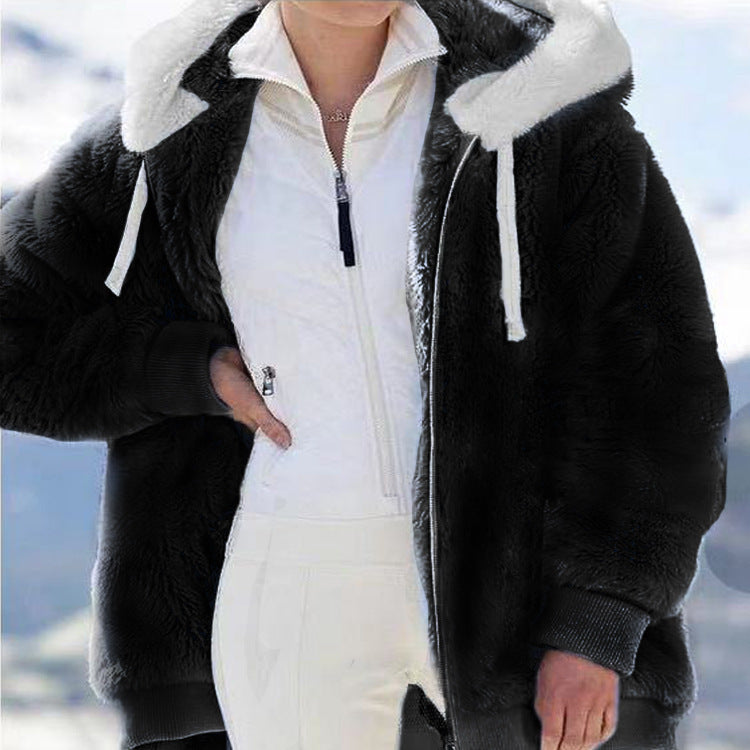 Women's Fleece Jacket with Sherpa Lining - Adjustable Hood, Hidden Pocket, Ideal for Elegant Winter