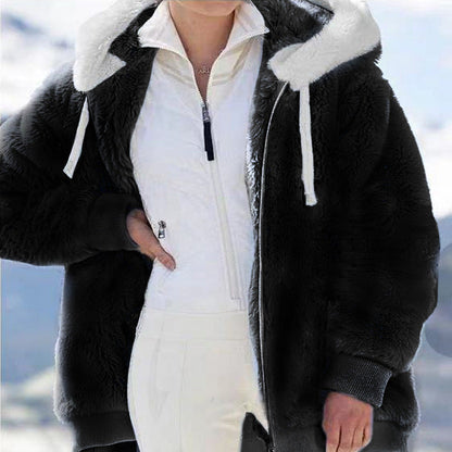 Women's Fleece Jacket with Sherpa Lining - Adjustable Hood, Hidden Pocket, Ideal for Elegant Winter