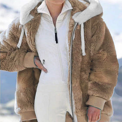 Women's Fleece Jacket with Sherpa Lining - Adjustable Hood, Hidden Pocket, Ideal for Elegant Winter