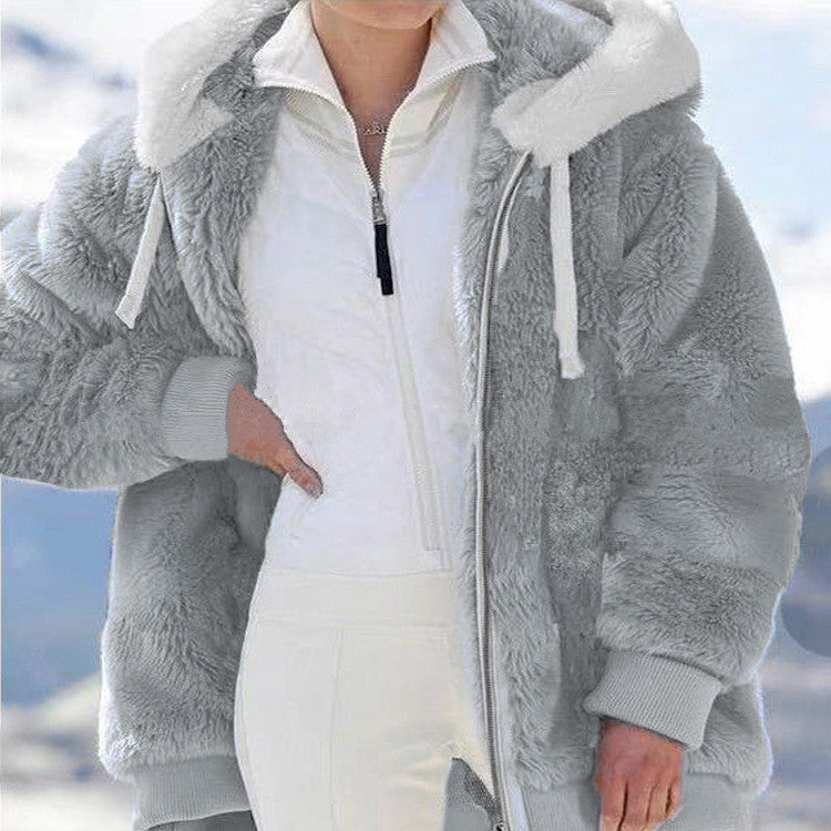 Women's Fleece Jacket with Sherpa Lining - Adjustable Hood, Hidden Pocket, Ideal for Elegant Winter