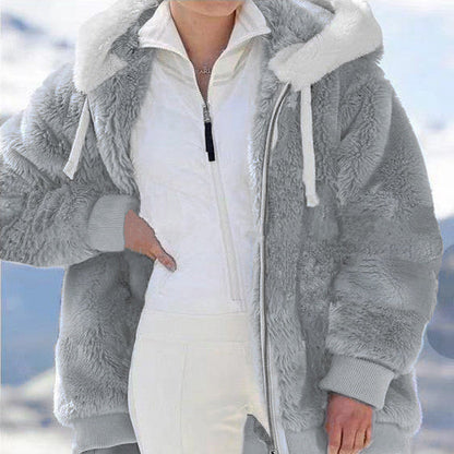 Women's Fleece Jacket with Sherpa Lining - Adjustable Hood, Hidden Pocket, Ideal for Elegant Winter