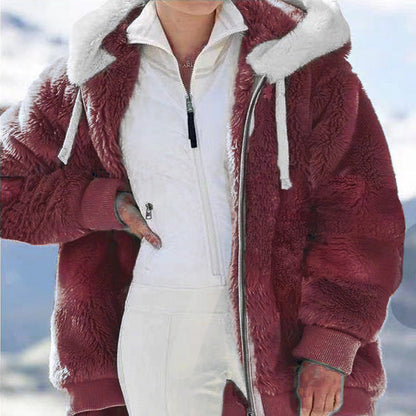 Women's Fleece Jacket with Sherpa Lining - Adjustable Hood, Hidden Pocket, Ideal for Elegant Winter
