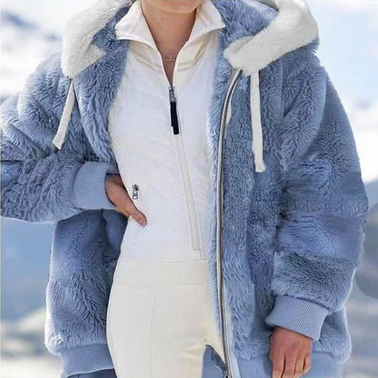 Women's Fleece Jacket with Sherpa Lining - Adjustable Hood, Hidden Pocket, Ideal for Elegant Winter