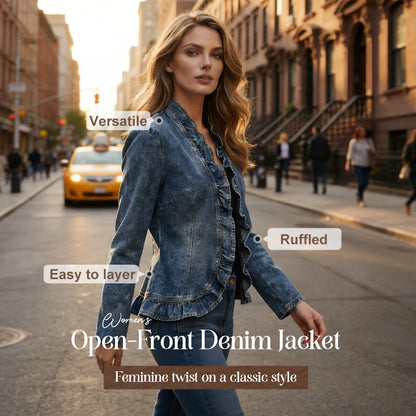 Women's Denim Jacket Open-Front, Ruffle Trim, Lightweight, Classic Wash