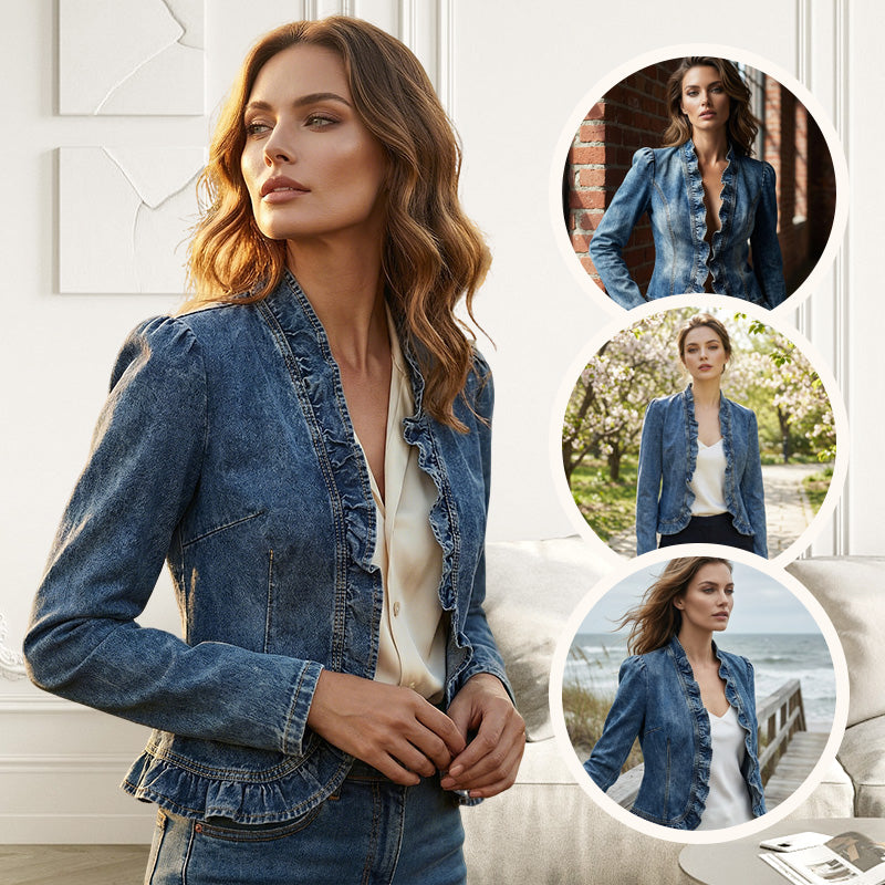 Women's Denim Jacket Open-Front, Ruffle Trim, Lightweight, Classic Wash
