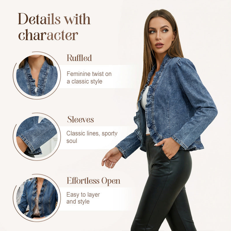 Women's Denim Jacket Open-Front, Ruffle Trim, Lightweight, Classic Wash
