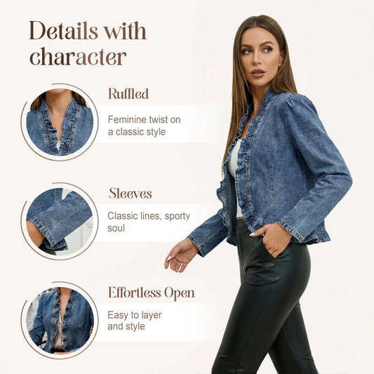 Women's Denim Jacket Open-Front, Ruffle Trim, Lightweight, Classic Wash