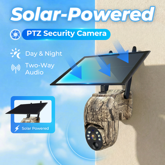 4MP Solar PTZ Camera 355 pan & tilt, eliminates blind spots. Built-in battery, solar rechargeable. Two-way talk, instant alerts. Tough enough for any weather