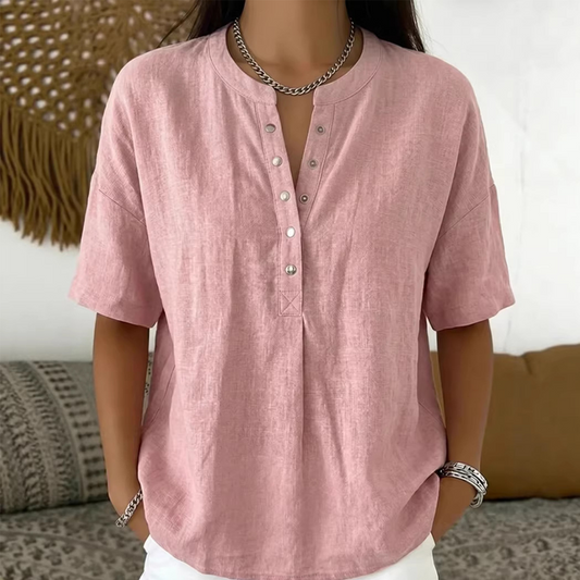 Women's Solid-Color Button-Down Collar Casual Loose Cotton-Linen Top