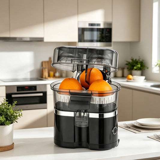 Dual-Head Automatic Citrus Juicer Double the Fruit, Half the Time! Fresh, pulp free juice in seconds perfect for busy mornings