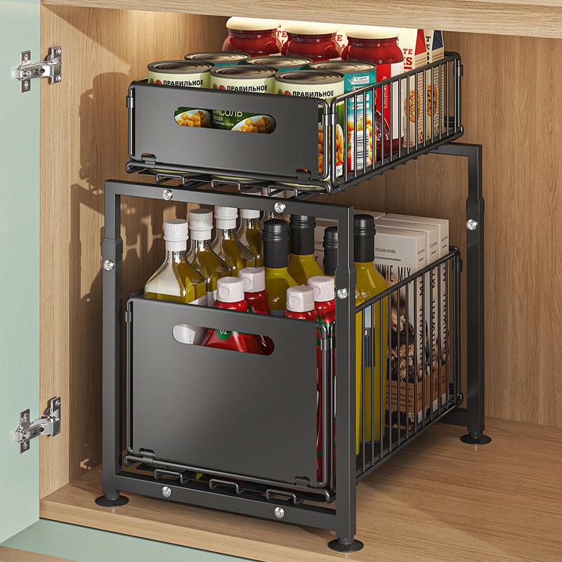 Double-Tier Pull-Out Shelf Cabinet Organiser 5 Height Adjustments, 2 Pull-Out Tiers, Carbon Steel & Large Capacity No Assembly Required