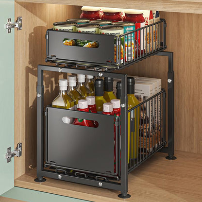 Double-Tier Pull-Out Shelf Cabinet Organiser 5 Height Adjustments, 2 Pull-Out Tiers, Carbon Steel & Large Capacity No Assembly Required