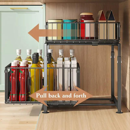 Double-Tier Pull-Out Shelf Cabinet Organiser 5 Height Adjustments, 2 Pull-Out Tiers, Carbon Steel & Large Capacity No Assembly Required